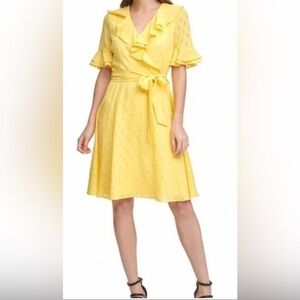 DKNY Yellow Chiffon Ruffle Dress. Size M. NWT/NEW. V Neck. MIDI Length FLIRTY! 😘